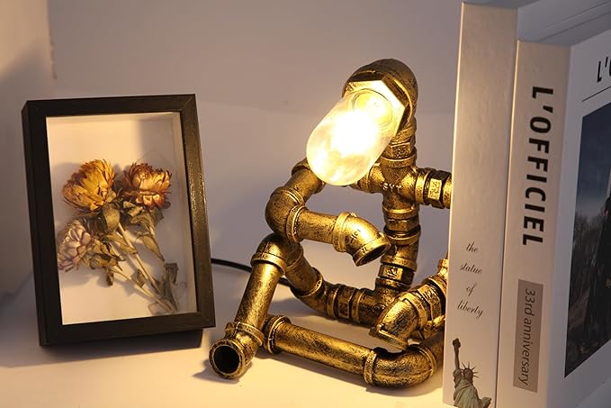 Steampunk Decor Table Lamp for Men Unique Creative Robot Style Desk Lamp,Vintage Industrial Metal Pipe Water Pipe Light, Home Decor Ideal for Bedrooms,Study. (Bronze A)