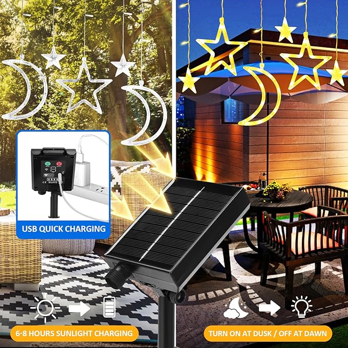 Moon Stars Solar String Lights for Outdoor, Christmas Decorations Curtain Lights with Remote Control and USB Backup Charger, Automatic ON-Off, IP65 Waterproof, Warm Yellow