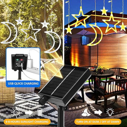 Moon Stars Solar String Lights for Outdoor, Christmas Decorations Curtain Lights with Remote Control and USB Backup Charger, Automatic ON-Off, IP65 Waterproof, Warm Yellow