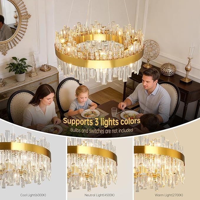 Weesalife 16 Light Gold Crystal Chandelier | Dia 24" Modern Round Crystal Chandeliers for Dining Room | Luxury Ceiling Light Fixture for Living Room | Bedroom | Entryway | Kitchen Island | Foyer