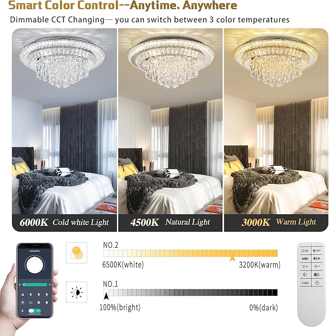 24 inch Crystal Silver Ceiling-Light Flush Mount With Remote Control and APP, 3CCT Dimmable & Brightness Adjustable, Modern Crystal Raindrop Chandeliers for Bedroom Hallway Dinning Room Living Room