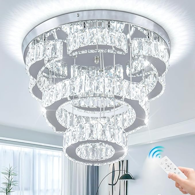 15.7" Modern Crystal Chandelier with Remote 2 Rings Round Flush Mount Ceiling Light Flower LED Dimmable Chandeliers for Bedroom Living Room Dining Room Dimmable