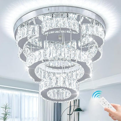 15.7" Modern Crystal Chandelier with Remote 2 Rings Round Flush Mount Ceiling Light Flower LED Dimmable Chandeliers for Bedroom Living Room Dining Room Dimmable