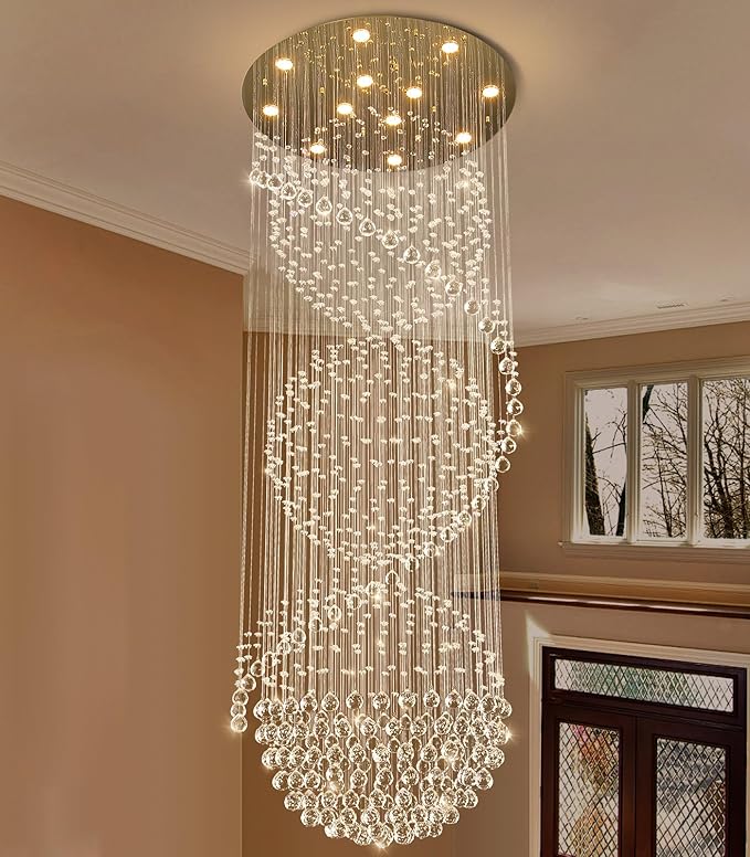 D32'' x H100'' Crystal Chandelier for Entryway High Ceiling Chandeliers Glam Chandelier Modern Large Raindrop Chandeliers LED Dimmable Light Fixtures for Staircaes Foyer Living Room Gold