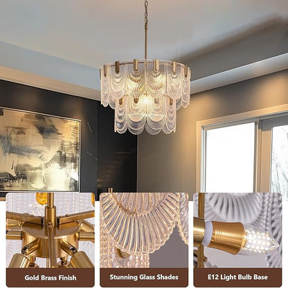 Crystal Glass Chandelier,Gold Glass Kitchen Island Lights,9-Light Dining Room Hanging Pendant Light Fixture for Living Room, Bedroom,Foyer, Bathroom,Entryway, Brass Finish, D24 xH25