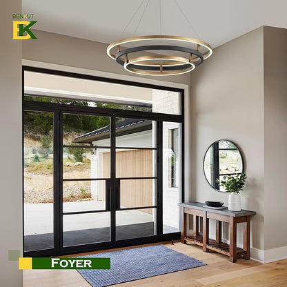 Benkut 3 Rings Modern LED Chandelier Black Gold Dimmable Circular Pendant Light for Dining Room, Foyer Chandelier with Remote Control Flush Mount High Ceiling Light for Kitchen Living Room, D30.7In