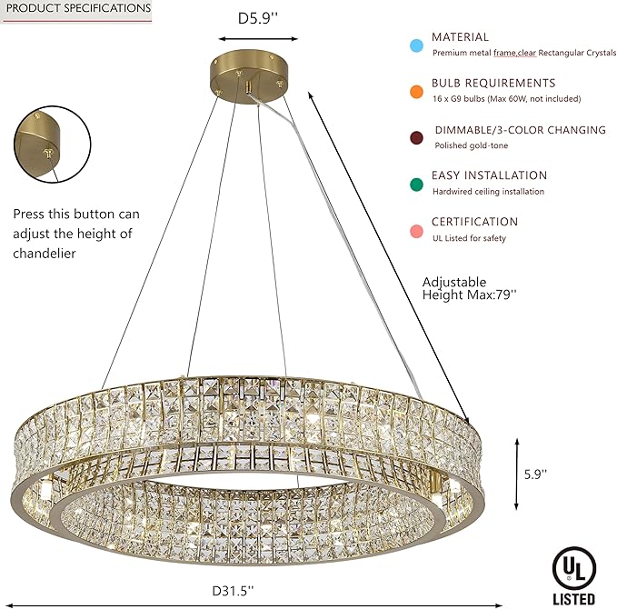 Modern Crystal Chandelier Round 16-Light Contemporary Hanging Ceiling Light Fixture Copper/Brass Finish with Rectangular Crystals Dining Room Living Room Bedroom Entryway Lighting Easy Install 31.5''