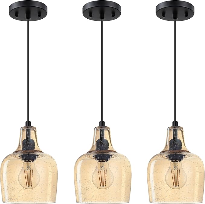 3 Pack 1 Light Indoor Hanging Kitchen Island Pendant Ceiling Light 6.1" Amber Glass Fixture,Black Finish for Farmhouse Over Sink Bedroom Hallway