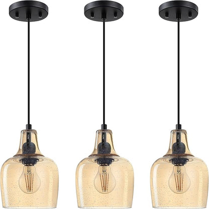 3 Pack 1 Light Indoor Hanging Kitchen Island Pendant Ceiling Light 6.1" Amber Glass Fixture,Black Finish for Farmhouse Over Sink Bedroom Hallway