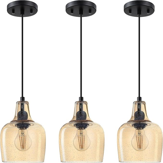 3 Pack 1 Light Indoor Hanging Kitchen Island Pendant Ceiling Light 6.1" Amber Glass Fixture,Black Finish for Farmhouse Over Sink Bedroom Hallway