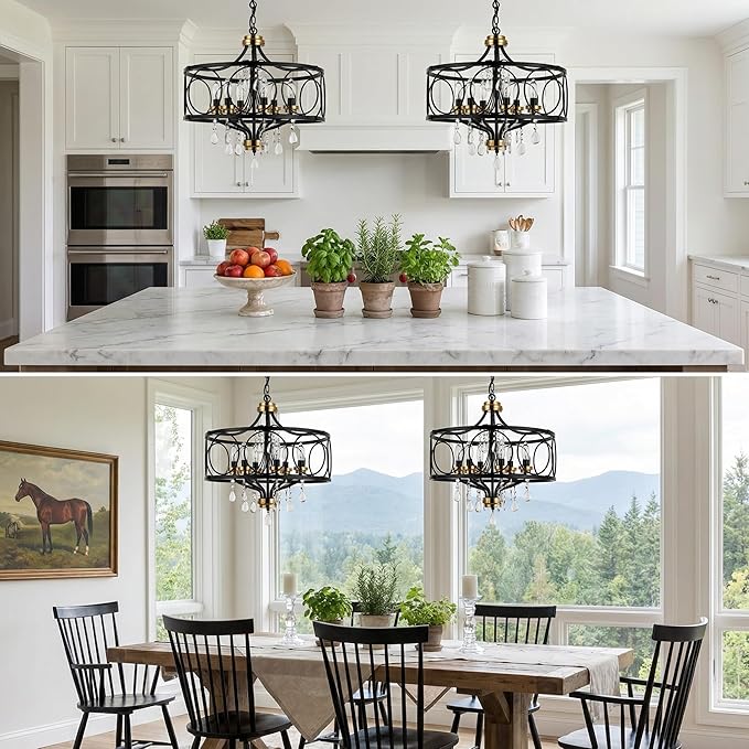 Modern Chandelier Black Metal Crystal Hanging Light 6 Light Dining Room Pendant Lighting Fixture for Farmhouse Bedroom Living Room Kitchen Entryway E12 Bulbs Not Included