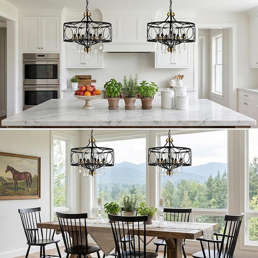 Modern Chandelier Black Metal Crystal Hanging Light 6 Light Dining Room Pendant Lighting Fixture for Farmhouse Bedroom Living Room Kitchen Entryway E12 Bulbs Not Included