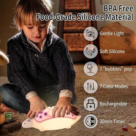 Dinosaur Night Light,Silicone Dino Lamp with Pop Bubble,7 Nightlight Modes Rechargeable Bedside Touch Lamp, Room Decor,Cute Lamp Dinosaurs Gifts (Purple)