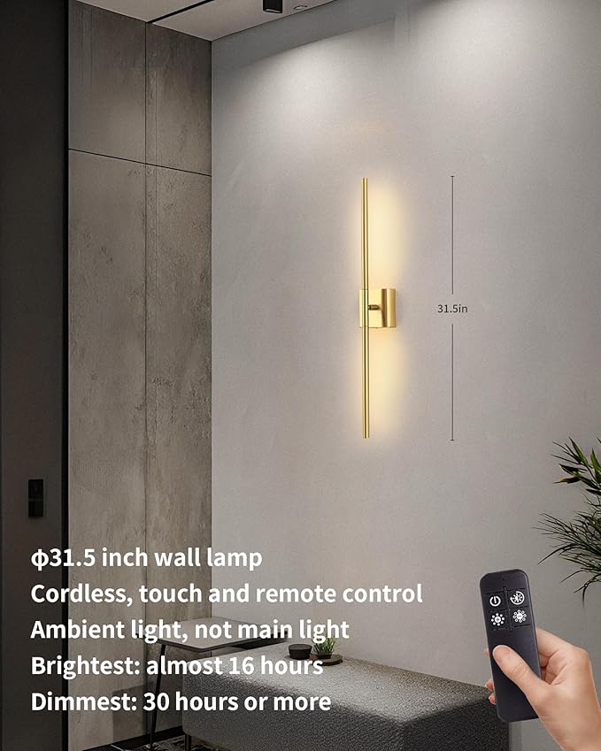 KDG Cordless Wall Sconces Set of 2, Wireless 5200mAh Rechargeable Battery Operated LED Wall Lamps with Remote, 360° Rotate Lightings for Wall Painting, Bedroom, Hallway, Night Light 31.5 inch (Gold)