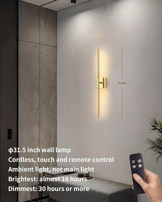 KDG Cordless Wall Sconces Set of 2, Wireless 5200mAh Rechargeable Battery Operated LED Wall Lamps with Remote, 360° Rotate Lightings for Wall Painting, Bedroom, Hallway, Night Light 31.5 inch (Gold)