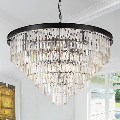 A AXILIXI 35'' Large Crystal Chandeliers 6-Tier Modern Black K9 Crystal Ceiling Pendant Light 22-Light Luxury Round Crystal Chandelier for High Ceiling Entryway Staircase Living Room Foyer