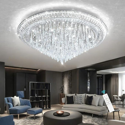 Modern LED Crystal Chandelier for Living Room Dimmable Large Ceiling Light Fixture Round Raindrop Chandeliers for Dining Room Entryway Bedroom Foyer Silver
