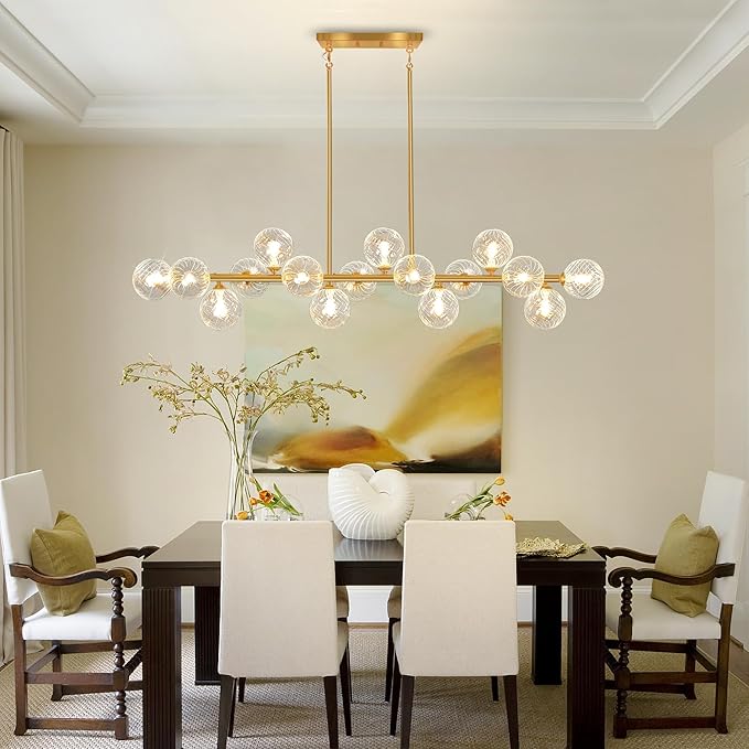 55" Linear Chandelier Swirled Glass Gold Sputnik Chandelier, Long Modern Chandeliers for Dining Room 16-Light Electroplated Brass Large Chandelier Long Dining Room Light Fixture Linear Island Lights