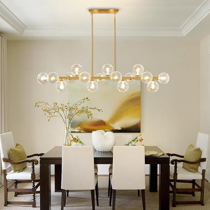 55" Linear Chandelier Swirled Glass Gold Sputnik Chandelier, Long Modern Chandeliers for Dining Room 16-Light Electroplated Brass Large Chandelier Long Dining Room Light Fixture Linear Island Lights