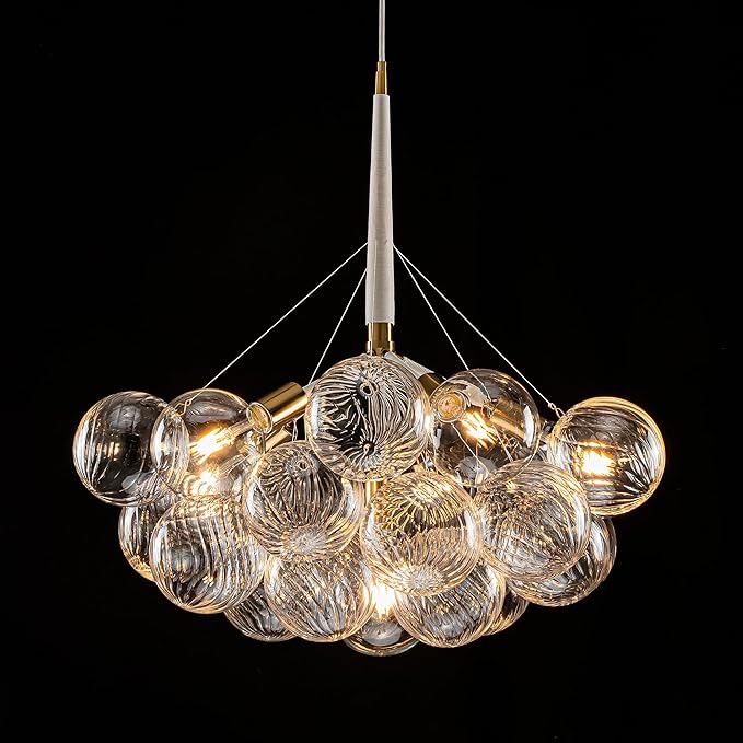 Longree Bubble Chandelier White and Gold 6-Light Dia 24" Swirled Glass Chandeliers Pendant Light Fixture for Kitchen Island, Bedroom, Dining Room