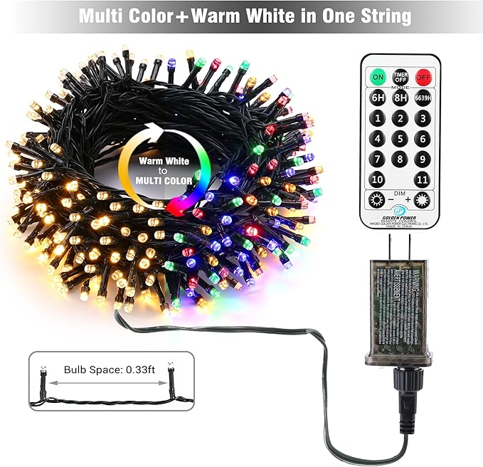 Brizled Christmas Lights, 65.67ft 200 LED Color Changing Tree Lights 11-Function Warm White & Multicolored Christmas Lights Remote, Connectable Mini Lights Set Decorative Lights String for Xmas Party