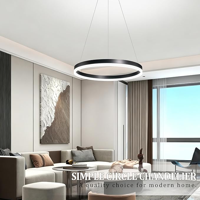 20" Modern Black Led Chandelier Ring Dimmable LED Chandeliers with Remote Control for Kitchen Island Height Adjustable Chandelier Led Pendant Light for Living Room Dining Room Bedroom Foyer