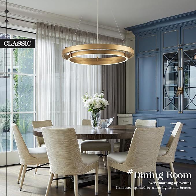 LED Ring Chandelier Brass Gold Chandelier Dimmable Round Foyer Chandeliers Light Modern Circular Chandeliers for Dining Room Entry Bedroom Office Living Room, 24in