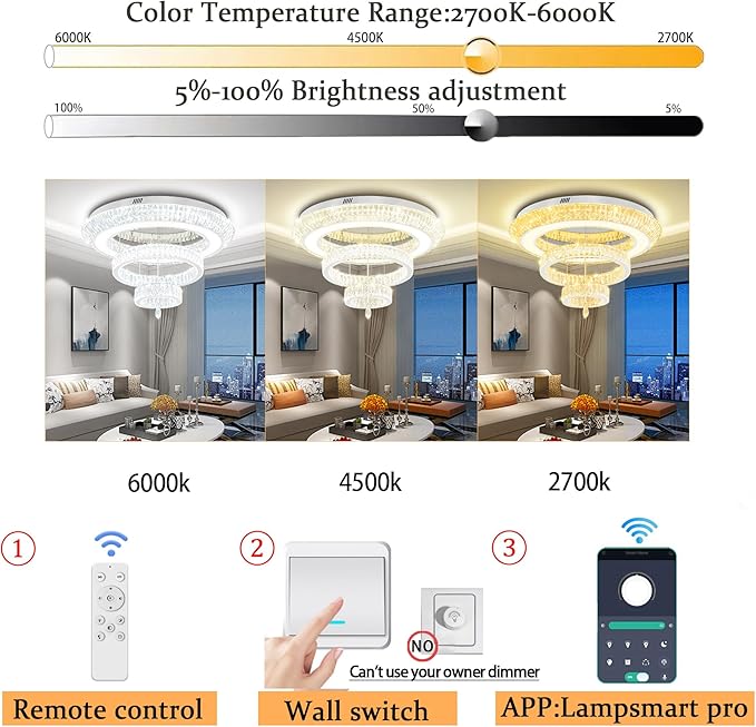 Modern Large Ring Crystal Chandelier Modern Luxury Chrome Crystal Ceiling Lights Fixture for Dining Living Room D40 Inch 3-Tier Raindrop Chandeliers LED Dimmable Lighting