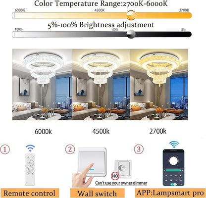 Modern Large Ring Crystal Chandelier Modern Luxury Chrome Crystal Ceiling Lights Fixture for Dining Living Room D40 Inch 3-Tier Raindrop Chandeliers LED Dimmable Lighting