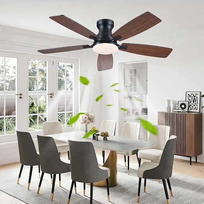 JSAITEE Ceiling Fan with Lights and Remote Control - 46In Flush Mount Ceiling Fan with 3CCT Dimmable, 6 Wind Speeds and Timing, Low Profile Fan for Modern Bedroom, Kitchen, Living Room
