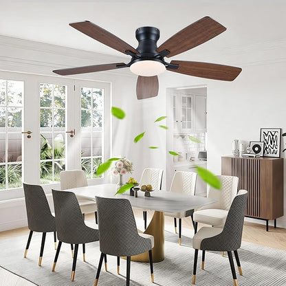 JSAITEE Ceiling Fan with Lights and Remote Control - 46In Flush Mount Ceiling Fan with 3CCT Dimmable, 6 Wind Speeds and Timing, Low Profile Fan for Modern Bedroom, Kitchen, Living Room