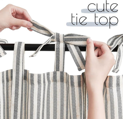 JINCHAN Tie Top Linen Kitchen Curtains 24 Inch Striped Tier Curtains Farmhouse Modern Cafe Style Small Window Treatments Airy Light Filtering Rod Pocket for Living Room Bathroom 2 Panels Charcoal Grey