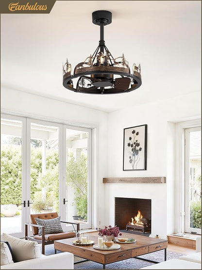 Fanbulous 20 Inch Farmhouse Rustic Ceiling Fan with Light and Remote, Black Chandelier Fan with Bear and Deer Design,Summer Sand Beach Design,Rustic Chandeliers for Living Room, Bedroom