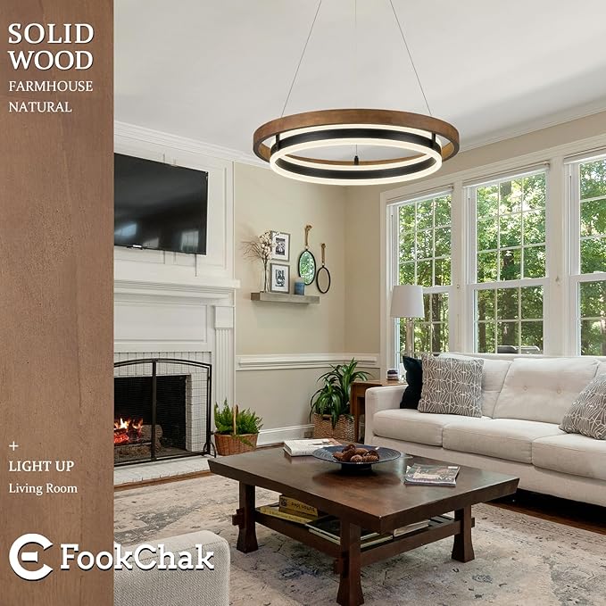 LED Ring Chandelier 24in Solid Gold Oak Wood Chandeliers Dimmable Black Chandeliers Modern Round Chandelier Light for Living Room Dining Room Kitchen Island Bedroom Entry