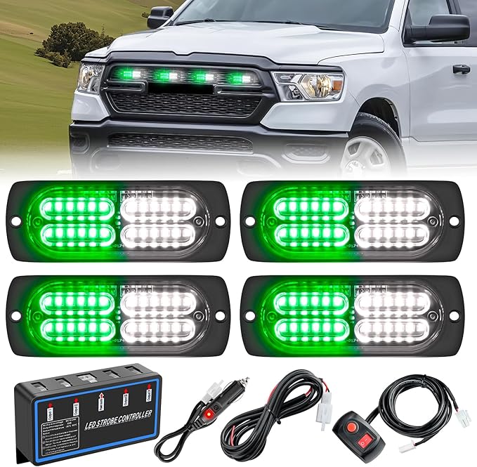 Nilight 4PCS LED Strobe lights 12V 24V Sync Feature Green White 24LED Emergency Hazard Warning Lights with Controller Hard Wire or Cigarette Lighter Plug for Car Truck RVs Campers