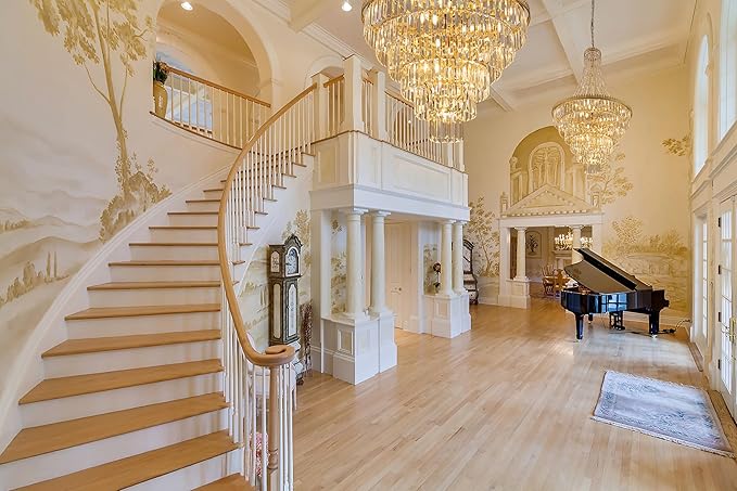 TOCHIC French Empire Crystal Chandelier Modern Farmhouse Chandelier Ceiling Light for Foyer Entryway High Ceiling, Vintage Gold Chandelier Light Fixture for Dining Living Room 28" W x 48" H