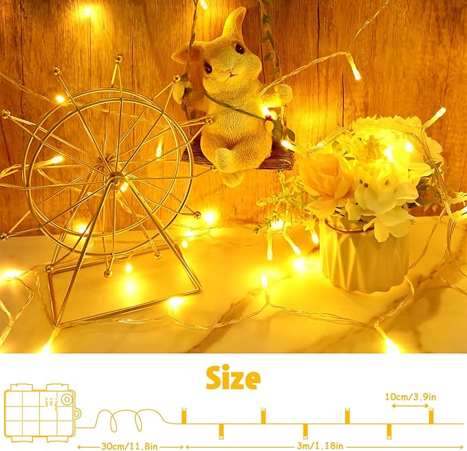 cshare String Lights Outdoor Waterproof 9.8ft 30 LED, Warm White Fairy Lights Battery Operated（Not Included） with Timer Clear Wire for Indoor & Outdoor Decorations Garland 2 Packs