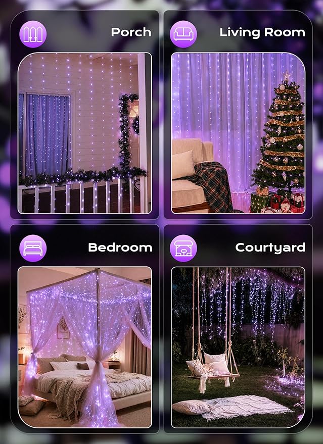 Brightown 300 LED Purple Fairy Curtain Lights, 9.8ft x 9.8ft String Lights, USB Plug in 8 Lighting Modes Christmas String Hanging Lights with Remote for Bedroom Indoor Outdoor Party Xmas Purple 1 Pack
