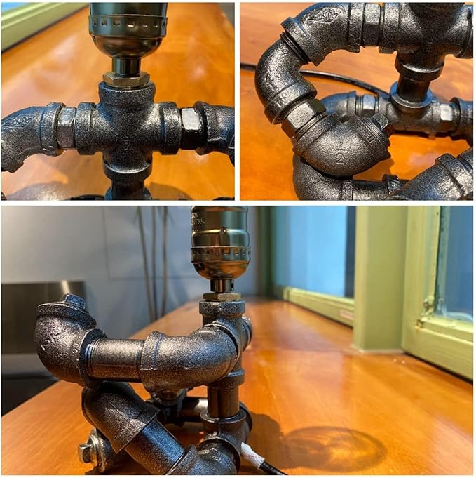 Steampunk Guitar Pipe Robot Table Lamp, Adjustable Industrial Water Pipe Desk Lamp with Wooden Guitar & Edison Bulb,Music Lovers, Bedside, Bar Cafe - Cool Unique Gifts