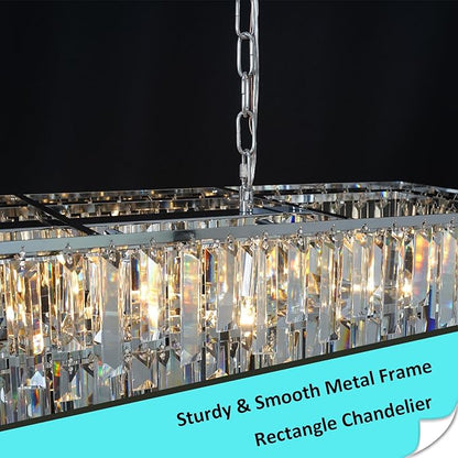 Modern Chrome Rectangle Chandelier, 10 Lights Linear Luxury Crystal Chandelier Top K9 Crystal Rectangular Ceiling Pendant Light Fixture for Dining Room Kitchen Table Living Room