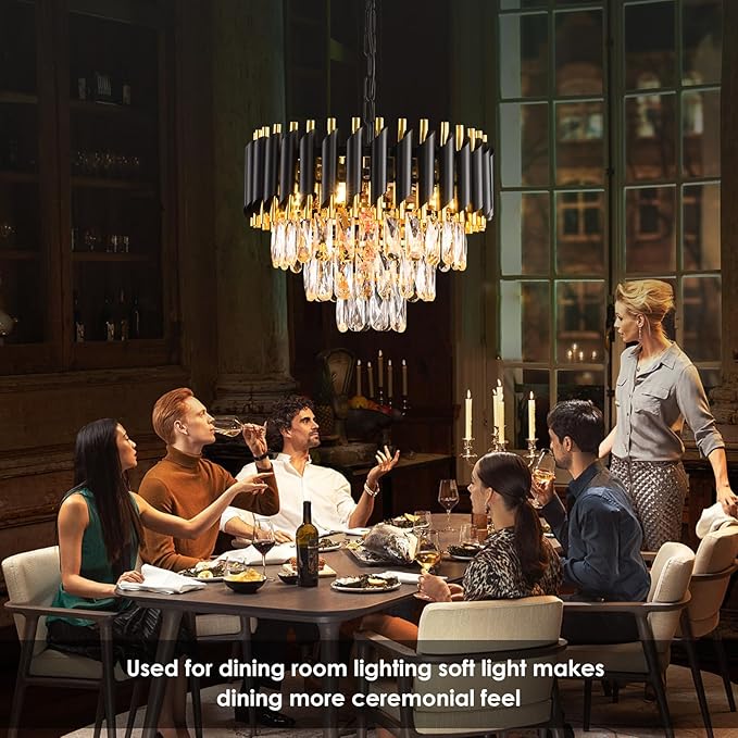 Modern Crystal Chandeliers 15.7”Gold Contemporary Crystal Ceiling Lights Fixtures 3-Tiers 5 Lights Black Round Chandelier Pendant Light Fixtures for Entryway Living Room Dining Room Bedroom