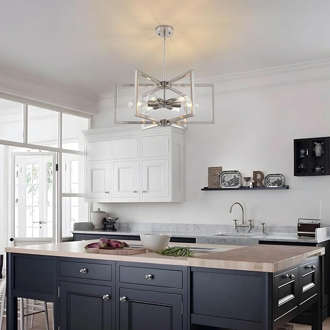 23.6”Brushed Nickel Chandelier for Dining Room 6 Light Kitchen Chandelier Modern Dining Room Light Fixtures Over Table, Hanging Pendant Light Fixture with Adjustable Height for Entryway, Foyer