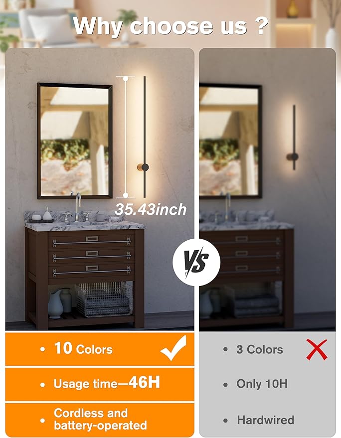 JOFIOS Battery Operated Wall Sconces Set of 2,10000mAh Rechargeable Wireless Sconces with Remote Control,Dimmable Wall Lamps with 7 Colors,35.4 Inch Modern Black Wall Lights for Bedroom, Living Room