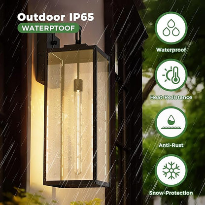 DORESshop 24 Inch Large Size Dusk to Dawn Outdoor Wall Lights, Matte Black Waterproof Anti-Rust Outdoor Light Fixtures Wall Mount with Clear Glass Shade for Porch, with T30 Light Bulbs, 2 Pack