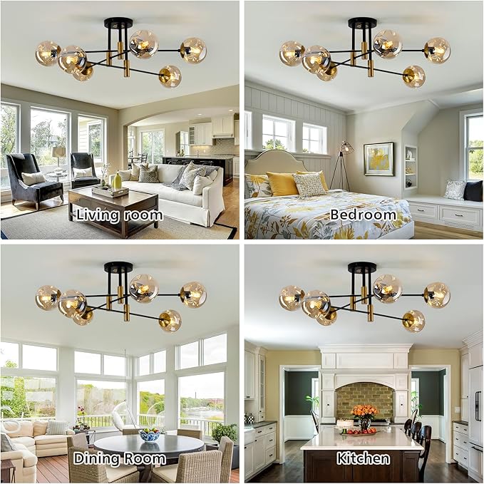 6-Lights Sputnik Ceiling Light Fixture Mid Century Modern Glass Globe Flush Mount Chandelier Black and Gold Farmhouse Lighting for Living Room Dining Room Bedroom Kitchen