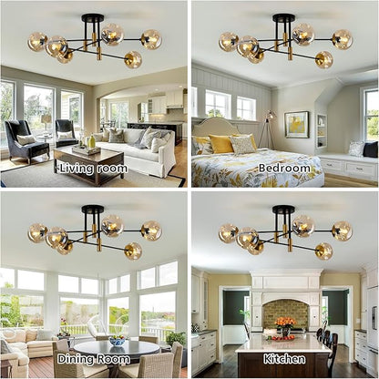 6-Lights Sputnik Ceiling Light Fixture Mid Century Modern Glass Globe Flush Mount Chandelier Black and Gold Farmhouse Lighting for Living Room Dining Room Bedroom Kitchen