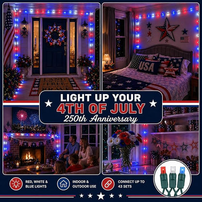 Novelty Lights 50 LED 25ft Red White Blue Lights, USA Patriotic 4th of July String Lights, Wide Angle Mini Lights on Green Wire, Commercial Grade, Connectable Indoor Outdoor Christmas Lights