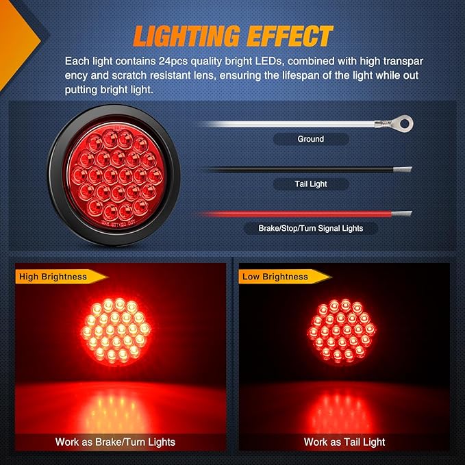 Nilight 4Inch Round Trailer Tail Light 4PCS 24LED Red Stop Brake Turn Marker Lights w/Flush Mount Grommets Plugs IP67 Waterproof for 12V Truck Bus RV Camper ATV UTV