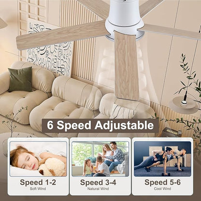 52 Inch Ceiling Fans with Lights and Remote, Flush Mount White Ceiling Fan for Bedroom Living Room Indoor/Outdoor, Quiet 6 Speed Reversible DC Motor, 3CCT, Dual Color 5 Blades, ETL Listed