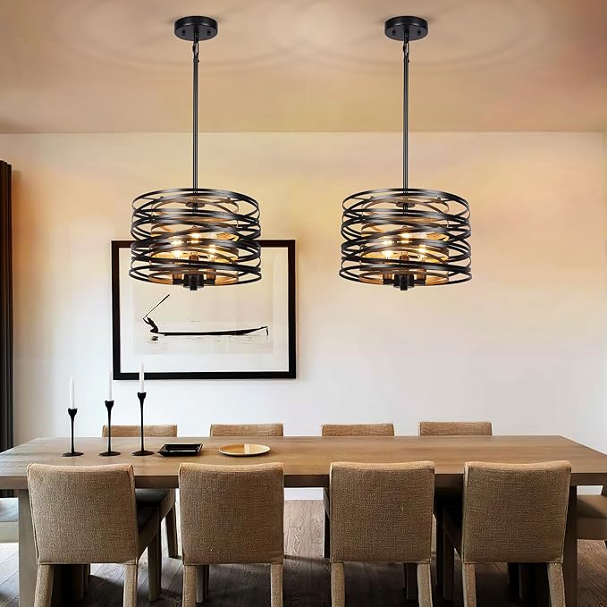 Sigaitwei 3-Light Dining Room Chandelier，12.6" Rustic Black Drum Chandeliers，Wood Grain and Vintage Light Fixture for Kitchen Entryway Living Room